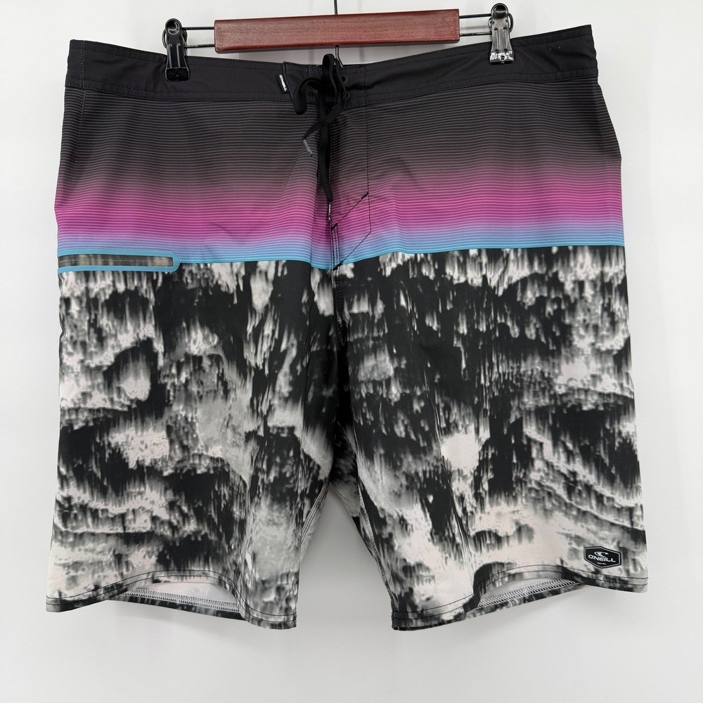 O'Neill Hyperfreak Board Shorts Mens 38 Black Pink Blue Abstract Gradient Surf